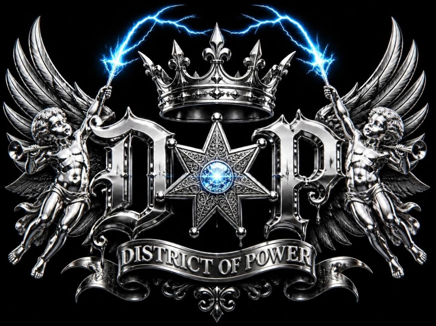 District of Power crest: two chrome cherubs with trumpets and lightning rods flanking a chrome DOP, a crown and a star badge with an ice-blue gem, over a ribbon reading District of Power